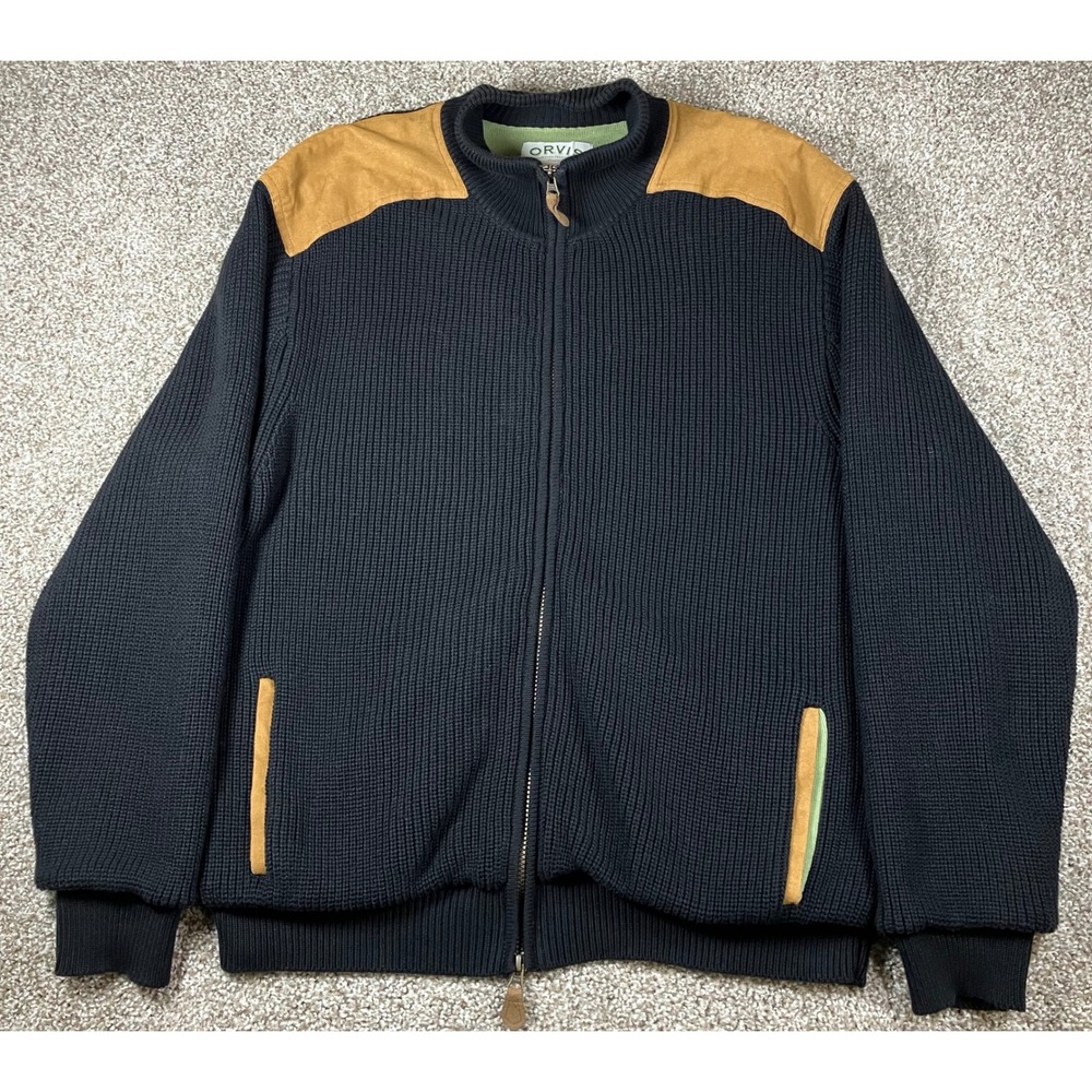 Orvis Mens XL Black Heavyweight Cotton Shaker Knit Full Zip Sweater Suede Patch